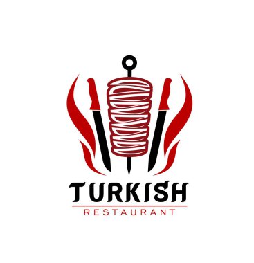 Şiş kebap ya da shawarma soslu Türk mutfağı vektör ikonu. Izgara et, şef bıçağı ve izole edilmiş kırmızı ateş sembolü, Türk fast food ikonu