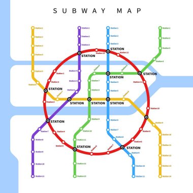 Metro veya metro şehir haritası, vektör şehir tren istasyonu şeması. Metro veya metro ve toplu taşıma ağı planı tren, otobüs veya tramvay bağlantı istasyonları ile