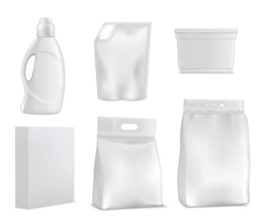 Yıkama tozu torbaları, çamaşır deterjanı modeli. Vektör şişesi, paket ve karton izole kutu. 3D boş ev kimyasalları konteynerleri. Gerçekçi beyaz plastik temizleme seti