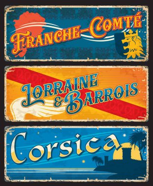 Korsika, Lorraine ve Barrois, Fransa plakalı Fransa-Comte bölgeleri ve seyahat etiketleri. Fransız bölgeleri grunge plaka, vektör vintage seyahat etiketi tarihi işaretler, herallik ve bayrak sembolleri