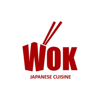 Wok kutusu ikonu, Çin ve Japon mutfağı ve çubukları. Geleneksel bambu çubuklu Asya restoranı için kırmızı ve beyaz vektör sembolü, izole edilmiş ikon.