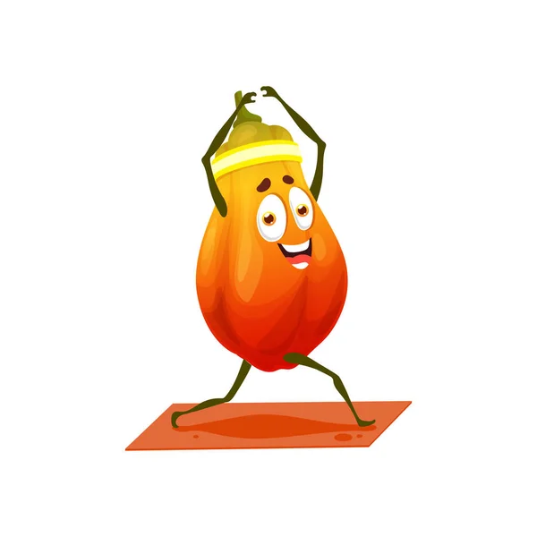 Papaya Exotische Fruit Tekenfilm Karakter Training Thuis Sportschool Fitness Yoga — Stockvector