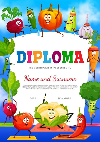 Certificado Diploma Niños Verduras Dibujos Animados Deporte Yoga Borde Vectorial — Archivo Imágenes Vectoriales