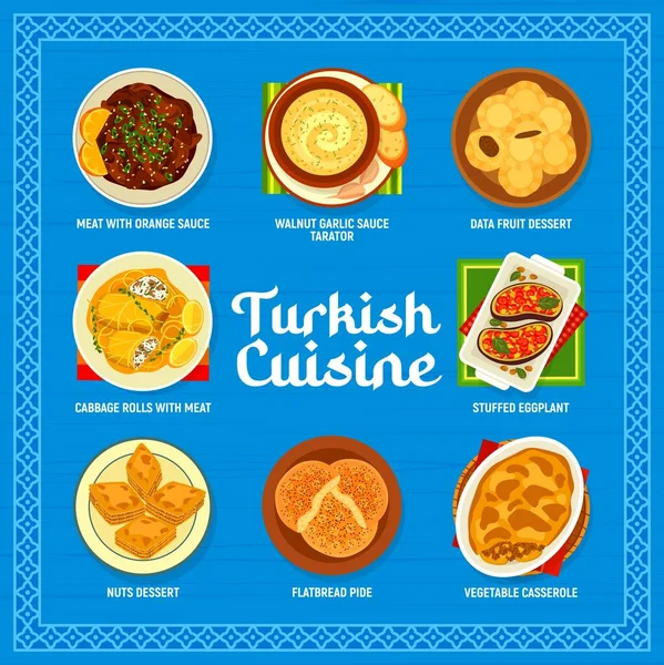 메뉴는 아랍식 음식의 요리이다 아라비안 견과류 데이트 디저트 오렌지와 타타르 — 스톡 벡터