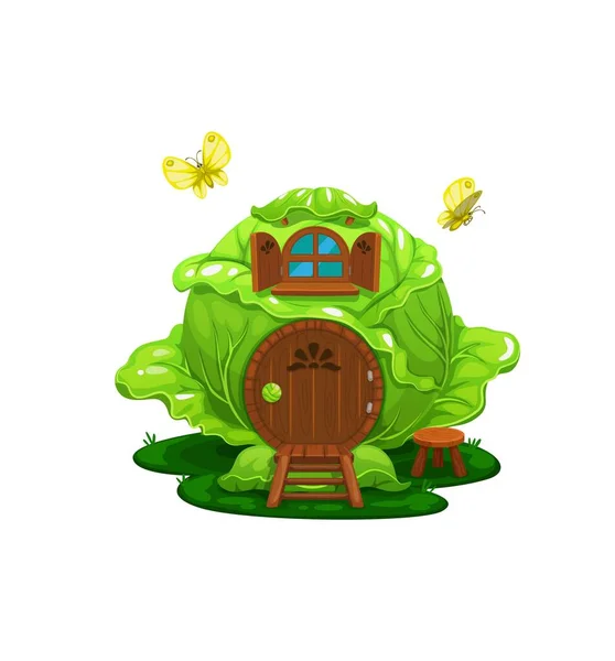 木製のドア 飛んで蝶と熟した野菜で漫画のおとぎ話のキャベツの家の建物 ベクトルノームや妖精の家 緑の葉を持つファンタジーの建物 庭自体のためのかわいい住居 — ストックベクタ