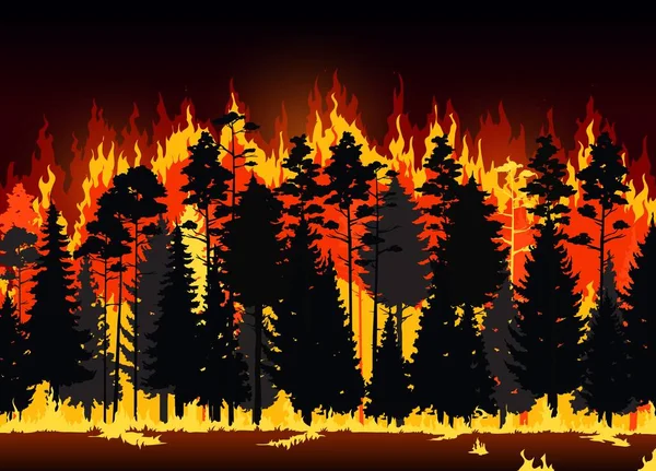 Waldbrandgefahr Durch Waldbrandflammen Brennende Vektorkiefern Und Sträucher Natur Hintergrund Des — Stockvektor