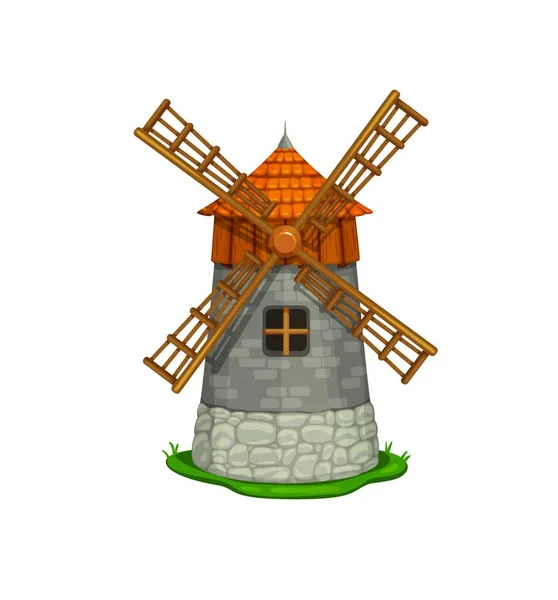 漫画のおとぎ話の風車の建物 羽根プロペラで小麦粉研削のためのベクトルアンティーク伝統的な風車 穀物やパンの加工 隔離されたヴィンテージハウスのためのマイルストーン — ストックベクタ