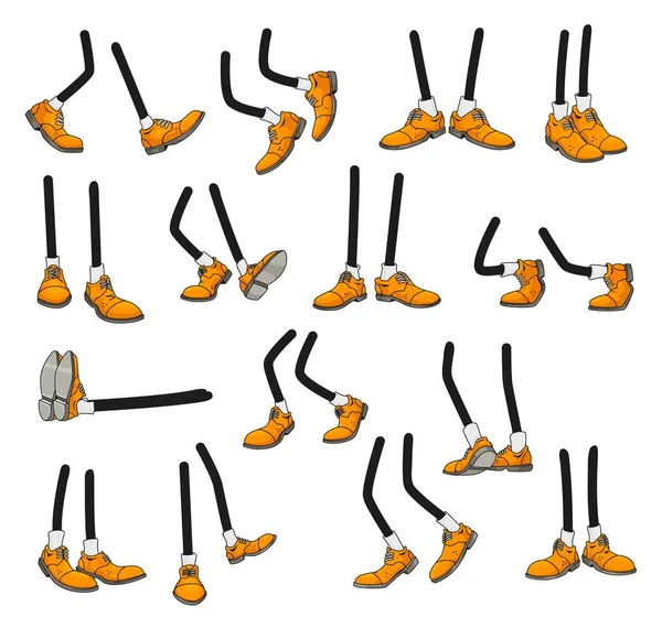 卡通腿 孤立的漫画脚在鞋带黄色的鞋子 病媒会走路 体部前部 后视镜 白色底座 — 图库矢量图片