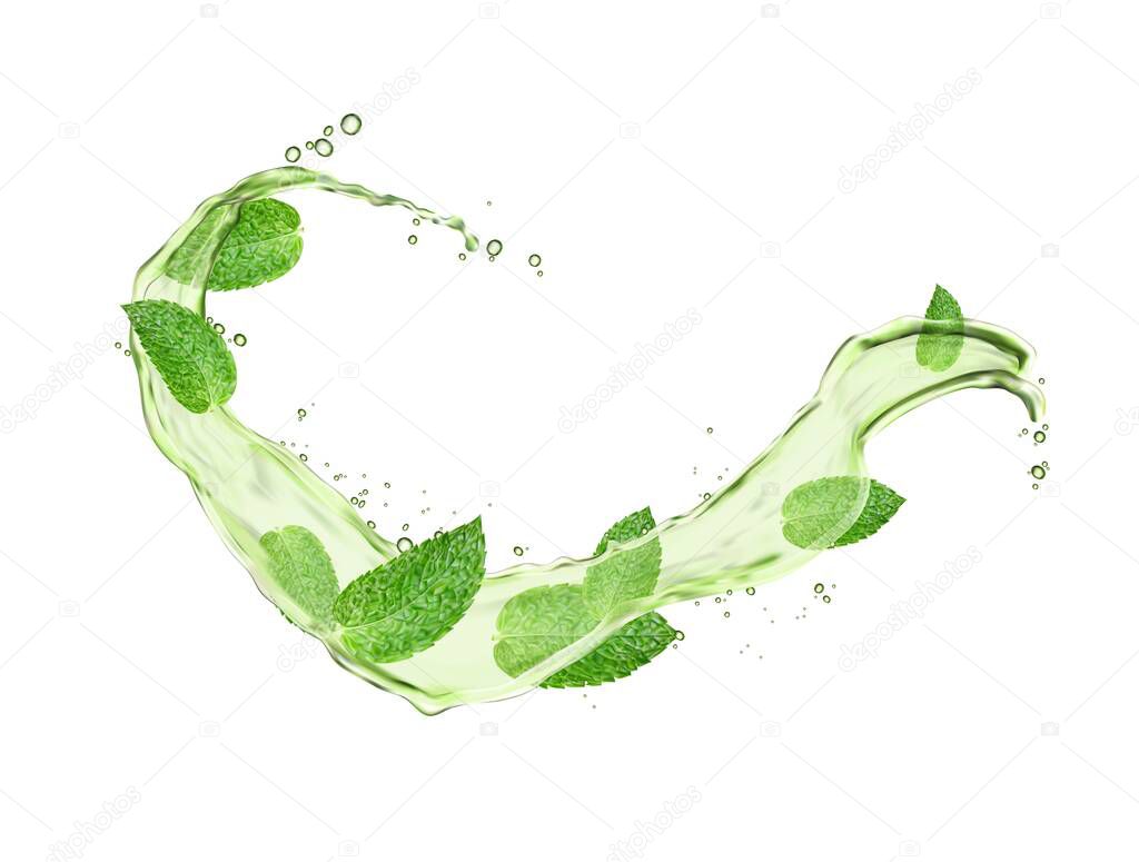Herbal drink wave splash with mint leaves and water flow. Menthol, peppermint, match tea green foliage. Vector organic beverage 3d advertising with realistic leaves in aqua and splatters