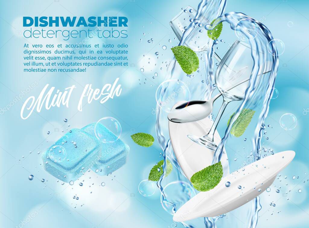 Dishwasher detergent tablets with cool mint, plate and wineglass in water splash with mint leaves. Vector ad promo poster with clean dishes in aqua swirl, realistic drops with blue detergent tabs