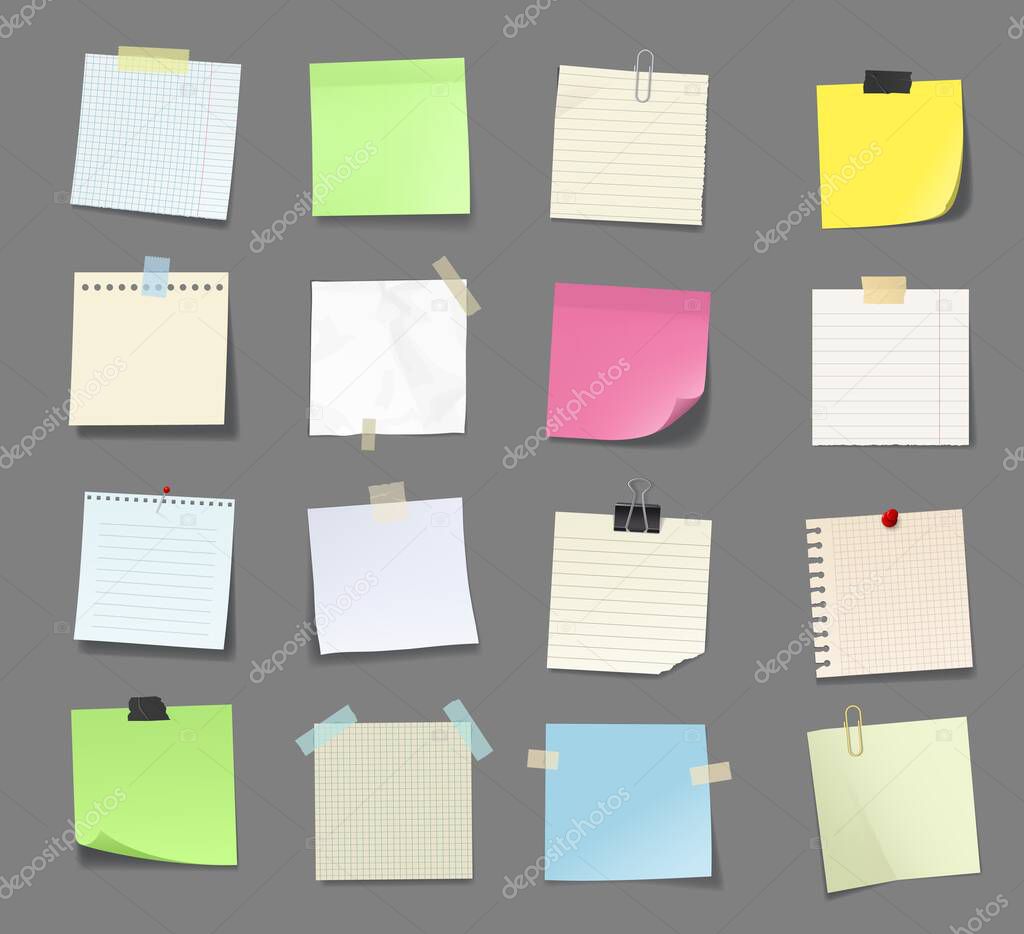 Note paper with tape and stickers, notepad and memory notice sticky sheets. To do list or memo message vector blanks, notepaper of meeting reminder, office information board with appointment notes set