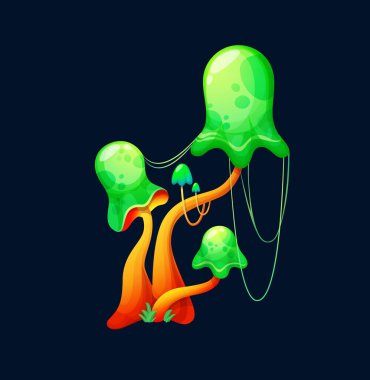 Fantezi sihirli zehirli yeşil mantar, yapışkan ampul kapaklı vektör mantarı. Parlak parlak şapkalı olağandışı bir peri masalı. Doğal Gi arayüzü elementi, karikatür uzaylı zehirli mantar bitkisi