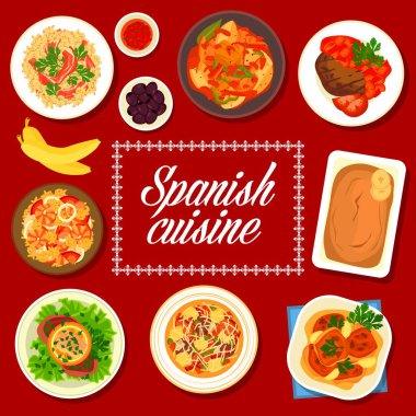 İspanyol mutfak vektör menüsü Sevillian Schnitzel, Endülüs deniz ürünleri paella, ekstremadura bifteği. Patates tuna güveci marmitako, jambonlu Santaderian pilavı, sebze sosisi çorbası olla podrida