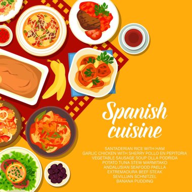 İspanyol mutfak vektör menüsü Santaderian pilavını jambonla, sarımsaklı tavuğu şeri pollo ve pepitoriyle kaplayın. Sebze sosis çorbası olla podrida, patates ton balığı güveci marmitako, Endülüs deniz ürünleri paella