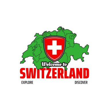 İsviçre harita simgesi. Ulusal armalı vektör amblemi ve yeşil İsviçre kırsal bölgesi. İsviçre 'ye hoş geldiniz. Gelenek ve kültürü keşfetmek ve keşfetmek. Turistik ajans tecrit edilmiş etiketi.