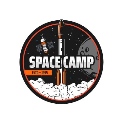 Uzay kampı, vektör roketi, uydu, Ay gezegeni ve galaksi evreni yıldızları, asteroidler ve meteorlarla izole edilmiş bir ikon. Uzay aracı ve kozmik nesneler uzay kampı veya merkez yama tasarımı için yuvarlak sembol