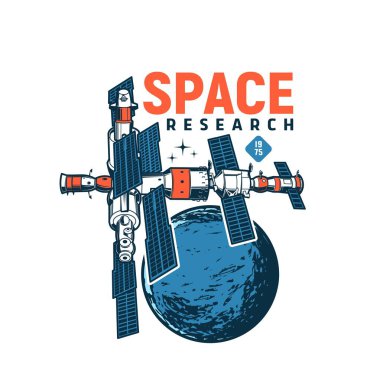 Yörünge istasyonu ikonu, televizyon uydusu, Dünya yörüngesinde güneş panelleri olan telekomünikasyon mekiğinin yakınındaki vektör. Uzay araştırması, Tv sinyal iletim radarı beyaz arkaplanda izole edildi