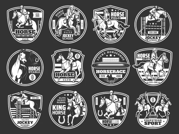 Paardrijden Polo Jockey School Iconen Paardensport Toernooi Horserace Monochrome Vector — Stockvector