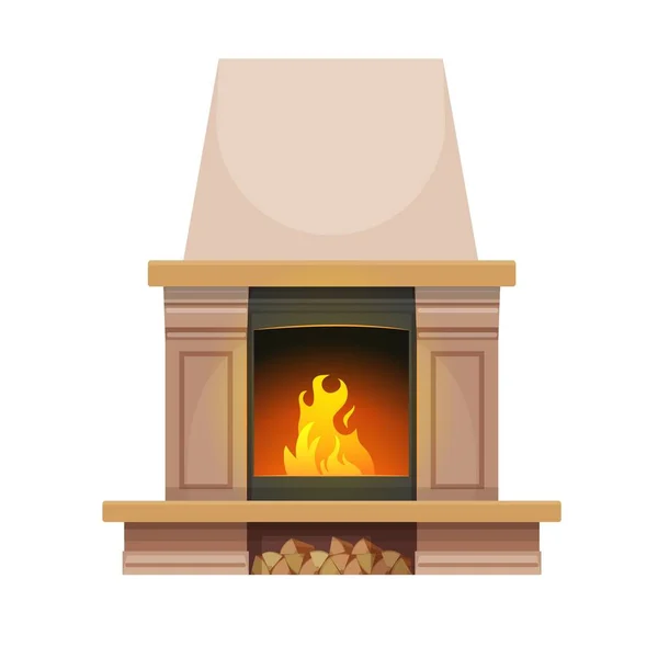 近代的なインテリア暖炉 家のオープン暖炉や囲炉裏 家の隔離ベクトル古典的な暖炉 石のマンテルと燃える木の塊火災と暖房装置を収容 — ストックベクタ