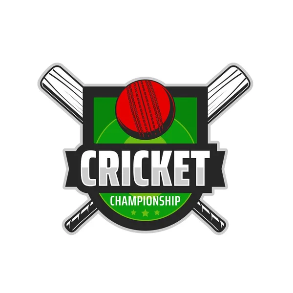 Cricket championship icon, sport game club and team tournament vector emblem. Cricket sport league badge with crossed bats and ball on green field chevron with ribbon and stars