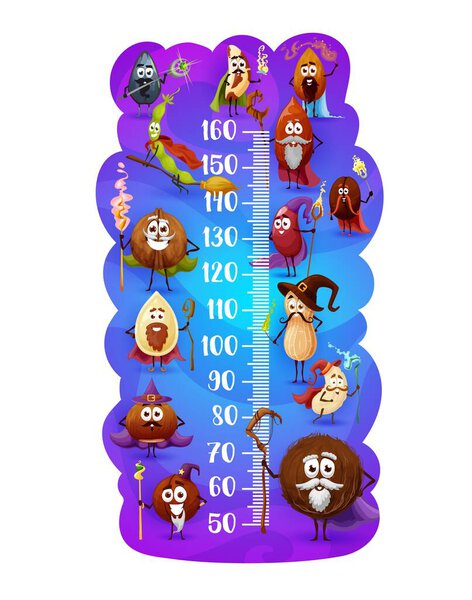 Kids height chart. Magician and wizard nuts growth meter ruler. Vector wall sticker with cartoon coconut, pumkin, sunflower seed, peanut and almond, cashew, beans in cap and cloak sorcerer characters