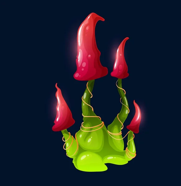 ファンタジー魔法毒の赤いキノコ 魔法の生物 漫画ベクトル発光真菌Guiアイコン 円錐形の赤い岬と緑のスタッドを持つファンタジー エイリアン惑星キノコ 植物や動物相生物コロニー — ストックベクタ