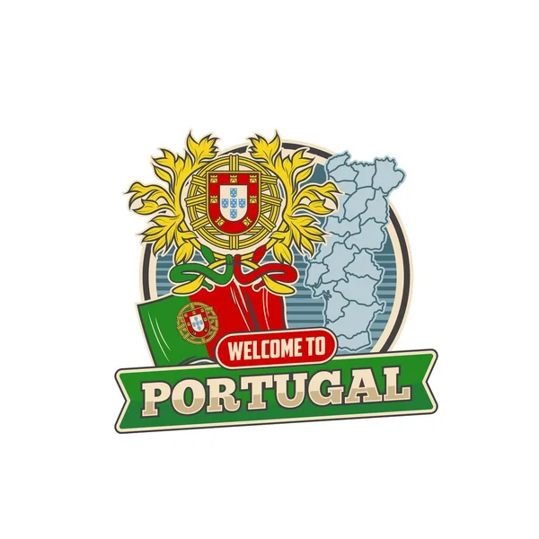 Карта Португалии Флаг Герб Векторная Эмблема Португальскими Национальными Атрибутами Добро — стоковый вектор