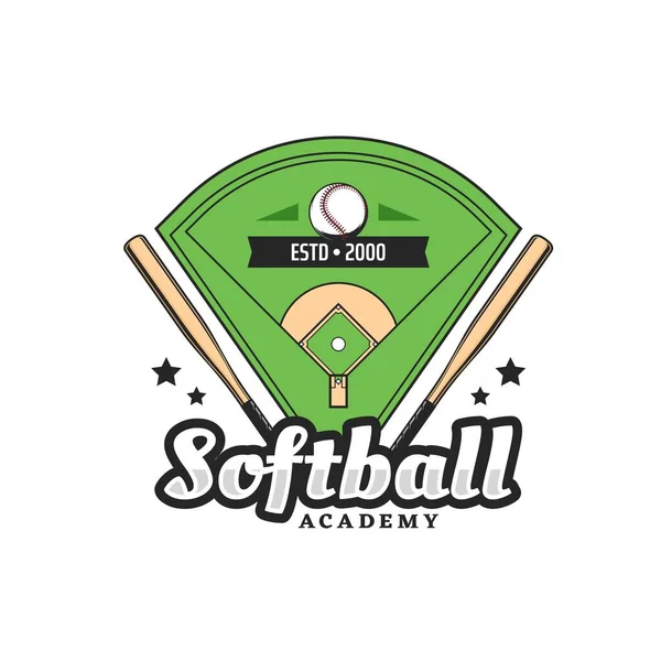 Softball academy icon with two wooden bats, ball and softball diamond play field. Sport game club, softball school or team championship vector emblem, retro badge or icon