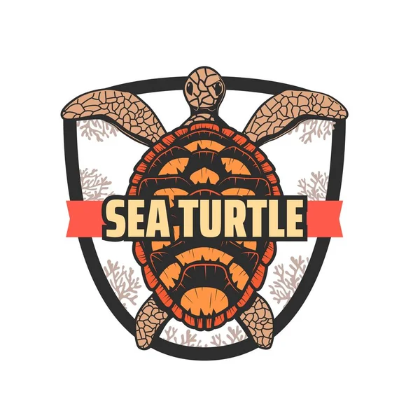 拯救海龟图标 水下世界和海洋动物保护病媒标志 带有珊瑚礁 水族馆或海底生命标志的海龟的海洋环境和生态保护徽章 — 图库矢量图片