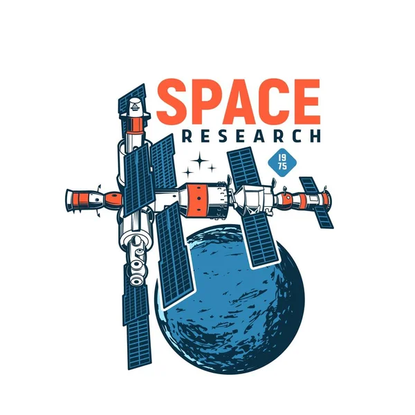 Yörünge istasyonu ikonu, televizyon uydusu, Dünya yörüngesinde güneş panelleri olan telekomünikasyon mekiğinin yakınındaki vektör. Uzay araştırması, Tv sinyal iletim radarı beyaz arkaplanda izole edildi