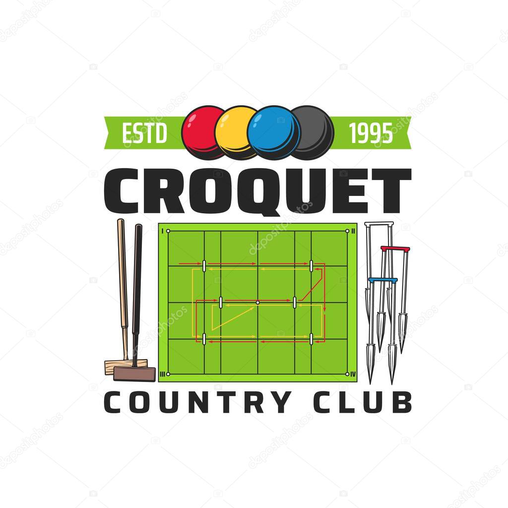Croquet icon with balls, mallets and hoops. Croquet country club, team or training school vector emblem, sport tournament or championship label, retro icon with game equipment and croquet court