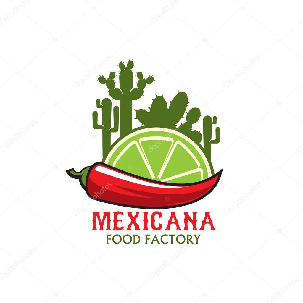 Mexican restaurant food factory icon, vector jalapeno chili pepper, lime slice and cacti. Cartoon emblem with traditional symbols of Mexico. Design element for tex mex Latin cafe menu isolated label