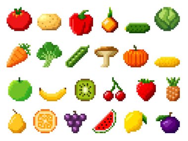 Retro pikselli sanat yemekleri 8bit pikselli meyve ve sebzeli ikonlar. Vintage 8 bit konsol oyun varlığı, böğürtlenli, mantarlı, sebzeli ve egzotik meyveli bilgisayar oyunu vektör ögeleri