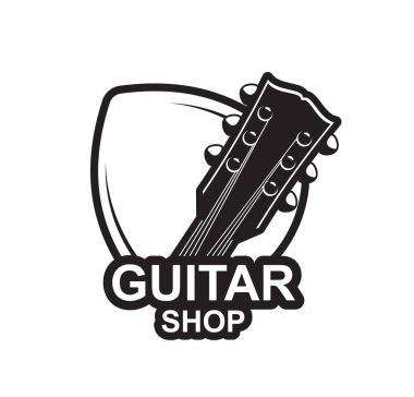 Gitar dükkanı ikonu, akustik gitar vektörü amblemi konser veya müzik aletleri için. Rock ya da pop grubu gitarları, bas ya da canlı müzik için telecaster çamurluğu olan müzisyen enstrümanları mağazası