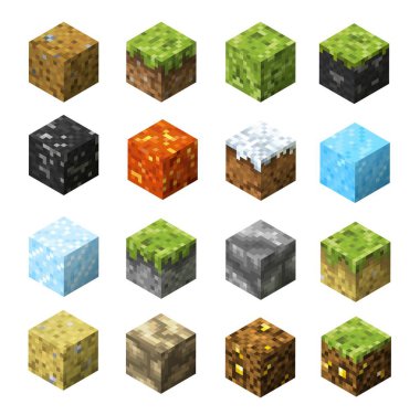 Piksel oyun blokları çimen, taş, buz ve su, kum, lav, kömür ve altın cevher desenleri. Isometric vektör sanayi küpleri veya benim kaynaklarım ve malzemelerimin pikselli dokuları olan kutular, oyun ui