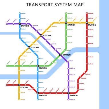 Metro yeraltı, metro ve otobüs şehir haritası istasyonları, vektör kentsel yolcu hatları şeması. Metro ya da metro planı demiryolu taşımacılık şebekesi ile birlikte.