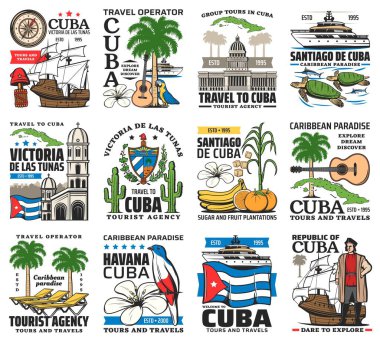 Küba, Havana seyahat torusu ve turizm simgeleri, Karayipler 'deki tatil beldesi ikonları. Seyahat acentesinin amblemleri Küba adasını gezmek ve eğlence turları, tarih, gelenekler ve kültür