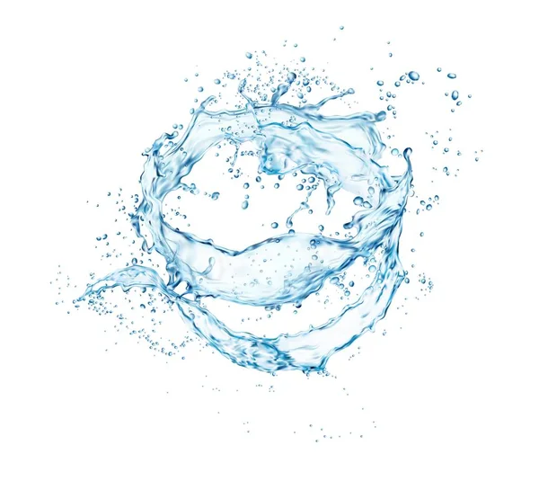 分离干净的蓝色水波涡旋与飞溅 纯度或能源概念 现实的矢量清澈的水溅落滴冻结运动 半透明的水流动涡旋飞溅 — 图库矢量图片
