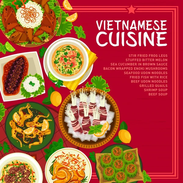 Vietnamská Kuchyně Menu Pokrýt Šablonu Míchat Smažené Žabí Stehýnka Smažené — Stockový vektor