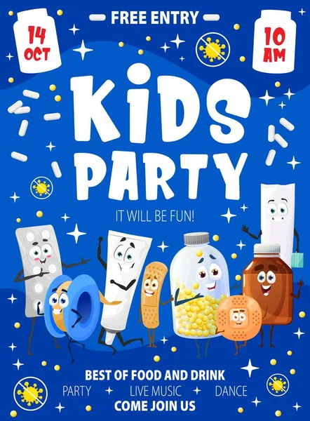 Kids Party Flyer Poster Cartoon Drugs Pills Medication Characters Children — Stock Vector