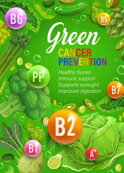彩色彩虹饮食绿天营养和多种维生素 天然食品营养和饮食系统病媒垂直海报 具有预防癌症的健康效益 新鲜绿色蔬菜 香草和水果 — 图库矢量图片