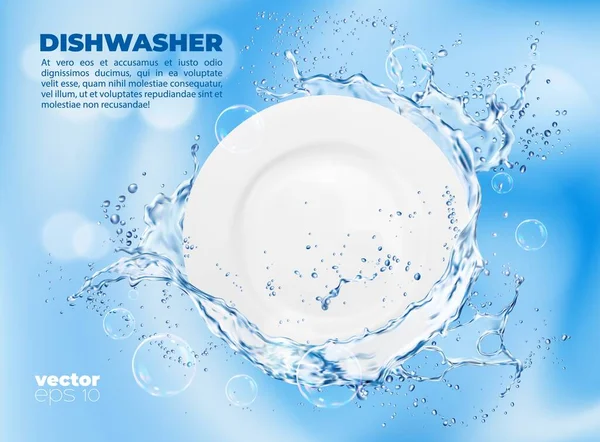 Schone Plaat Met Waterspatten Zeepbellen Vaatwasser Machine Vector Advertentie Poster — Stockvector