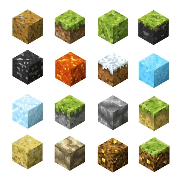 Piksel Oyun Blokları Çimen Taş Buz Kum Lav Kömür Altın — Stok Vektör