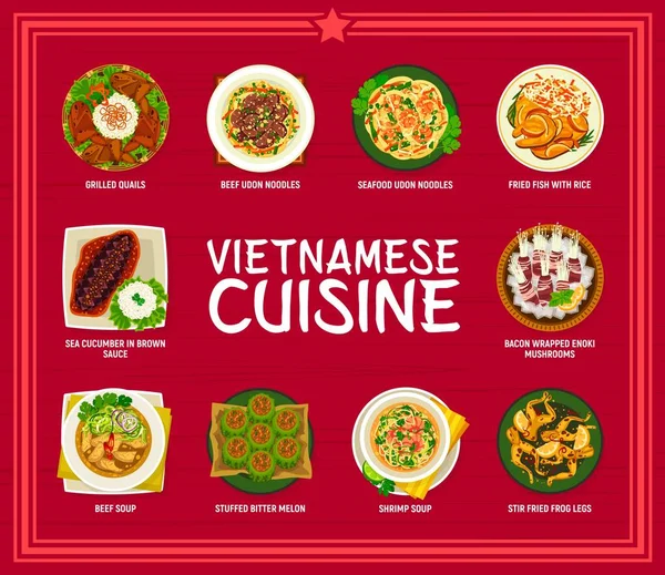 Vietnamská Kuchyně Menu Vektorovým Rámem Asijských Jídel Masové Rybí Polévkové — Stockový vektor