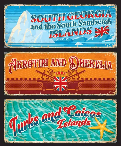 特克斯和凯科斯群岛 南乔治亚岛和南桑威奇群岛 Akrotiri Dhekelia英属岛屿领土白板 复古向量锡牌或旅游纪念品卡 — 图库矢量图片