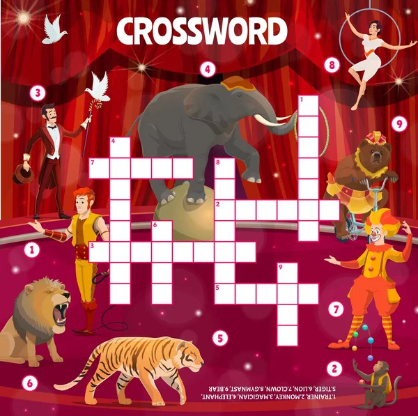 Circus Vinden Woord Kruiswoordraadsel Quiz Spel Met Cartoon Performers Dieren — Stockvector
