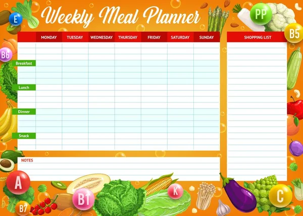 Légumes Vitamines Minéraux Naturels Planning Hebdomadaire Des Repas Vecteur Check — Image vectorielle