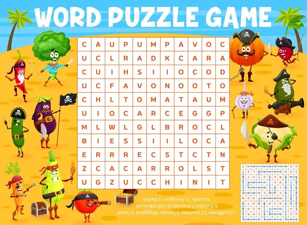 Cartoon Vegetable Pirates Corsairs Island Word Search Puzzle Game Worksheet — Stock Vector