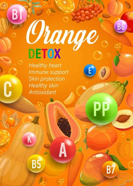 カラー虹色の食事オレンジ色の日の栄養とマルチビタミン 健康的な栄養 食事システムまたは健康上の利点と自然なオレンジの果物 熟した野菜や果実と垂直方向のベクトルポスターを計画します — ストックベクタ