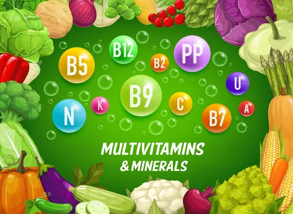 Multivitamins and minerals in vegetables. Cartoon farm veggies healthy food vector background. Vegetarian diet plan and natural nutrition vitamins vector background with ripe and fresh vegetables